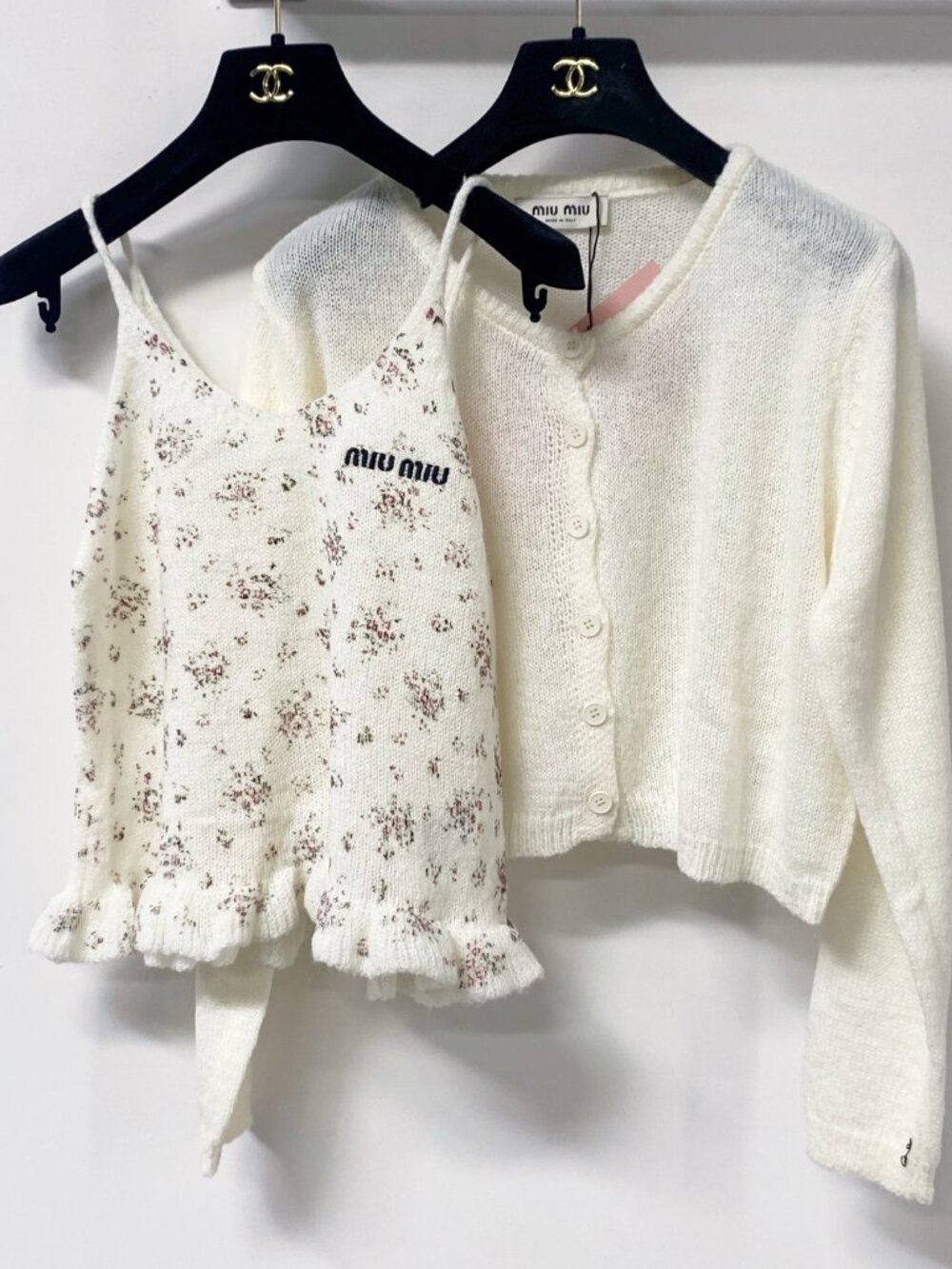 Miu Miu 2‑Piece Ditsy Floral Knit Set Cropped Cardigan & Ruffle Cami Outfit